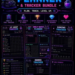 Può includere: Un pacchetto di pianificatore e tracker di gioco nero e viola con un design pixelato. Il pianificatore include sezioni per missioni giornaliere, sessioni di gioco e monitoraggio delle abitudini. Il testo recita "Plan. Track. Level Up."