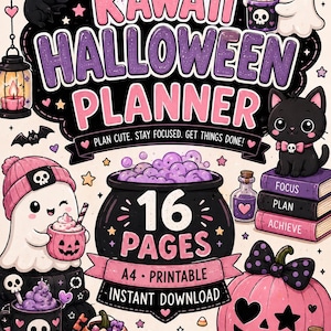 Könnte beinhalten: Ein druckbarer Kawaii Halloween Planer mit 16 Seiten im A4-Format. Das Cover zeigt einen schwarzen Kessel, Geister, schwarze Katzen, einen rosa Kürbis und Totenköpfe mit dem Text Kawaii Halloween Planner, Plan Cute. Stay Focused. Get Things Done.