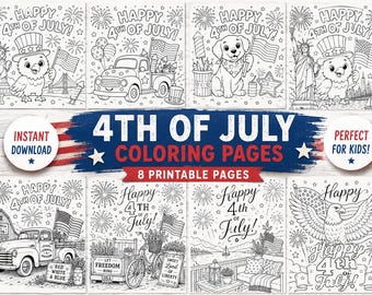 Kleurplatenbundel voor 4 juli voor kinderen | Patriottische Onafhankelijkheidsdag printbare activiteitenbladen | Kleurboek met de Amerikaanse adelaar en vuurwerktruck