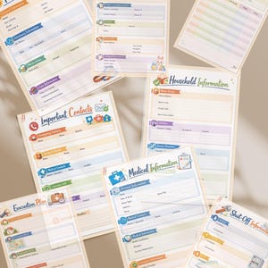 Könnte beinhalten: Eine Sammlung von Informationsblättern mit Überschriften wie "Pet Information", "Babysitter & Caregiver Info Sheet" und "Medical Information". Jedes Blatt enthält Abschnitte zum Ausfüllen von Details, mit farbenfrohen Bannern und Illustrationen.