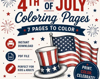 Kleurplaten voor 4 juli | 7 printbare patriottische kleurplaten | Kleurboek voor Onafhankelijkheidsdag | Activiteit voor de Amerikaanse feestdag |