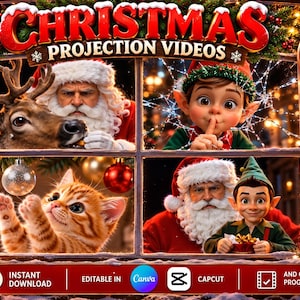 May include: A digital collection of 4 Christmas projection videos featuring Santa Claus, a reindeer, an elf, and a kitten. The graphics include text labels for MP4 format, 10-second duration, and compatibility with window and wall projectors.