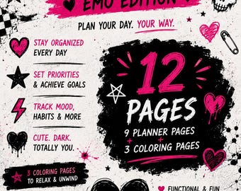 Emo Planner Bundel | 12 printbare PDF-pagina's | Alternatieve Gotische Planner | Dagplanner | Bucketlist | Tattoo- en Piercingplanner | Kleur