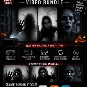 Może przedstawiać: Cyfrowy pakiet wideo do projekcji ściennej na Halloween zawierający trzy horrory. Grafika zawiera tekst, w tym HALLOWEEN WALL PROJECTION VIDEO BUNDLE, 3 CREEPY HORROR VIDEOS i 3 SCARY VIDEOS INCLUDED, wraz z ikonami aplikacji do edycji wideo.