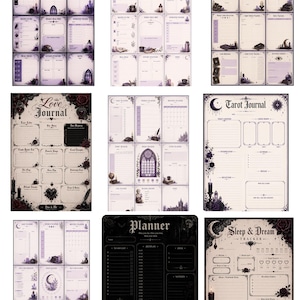 May include: A collection of planner pages with gothic and celestial themes. The pages feature sections for meal planning, tarot journaling, and sleep tracking. The color palette includes shades of purple, black, and white, with decorative elements like moons, candles, and roses.