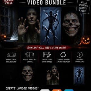 Può includere: Un pacchetto video digitale di proiezione a parete per Halloween con tre scene horror. La grafica mostra una persona dietro un vetro, una figura scheletrica e un teschio ghignante. Include icone per proiettori e app di editing come CapCut.