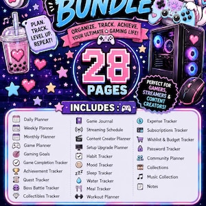 Pode incluir: Um pacote de jogos digital com 28 páginas de planejadores e rastreadores. O gráfico inclui um gato com fones de ouvido, um PC gamer e uma bebida boba. O texto inclui GAMING BUNDLE, ORGANIZE. TRACK. ACHIEVE. YOUR ULTIMATE GAMING LIFE! e uma lista.