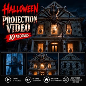 Könnte beinhalten: Ein digitales Halloween-Projektionsvideo mit einer großen Spinne auf einem Haus, einer Figur hinter einem Fenster und dem Text HALLOWEEN PROJECTION VIDEO 10 SECONDS. Das Bild zeigt ein dunkles Haus mit beleuchteten Fenstern und Spinnweben.
