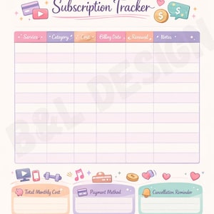 Puede incluir: Un rastreador de suscripciones en colores pastel con el título "Subscription Tracker" en la parte superior. El rastreador incluye secciones para servicio, categoría, costo, fecha de facturación, renovación y notas. Se incluyen iconos decorativos de tarjeta de crédito, botón de reproducción y dinero.