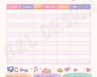 Leuke printbare abonnementstracker | Maandelijkse factuurorganizer | Abonnementsplanner | Budgetplanner | Digitale download