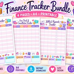 Pode incluir: Um conjunto de rastreadores financeiros com quatro páginas imprimíveis A4 com cabeçalhos rosa e roxos. As folhas incluem um rastreador de assinaturas, testes gratuitos, contas e pagamentos, e despesas mensais.