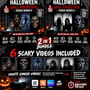Puede incluir: Un paquete de videos de proyección de pared para Halloween que incluye seis clips de terror. La imagen promocional muestra varias figuras espeluznantes, incluyendo siluetas y rostros, con textos como 2 IN 1 BUNDLE y 6 SCARY VIDEOS INCLUDED.