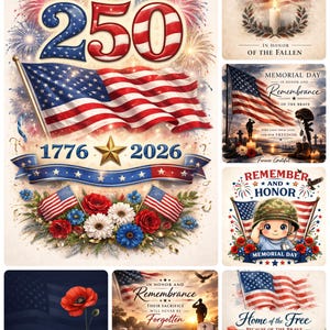Könnte beinhalten: Eine Collage patriotischer Bilder mit der amerikanischen Flagge, Feuerwerk und Blumenarrangements. Text enthält "250", "1776-2026", "In Ehren der Gefallenen", "Memorial Day" und "Home of the Free". Die Bilder thematisieren Gedenken und Freiheit.