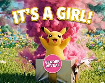 Pokémon Gender Reveal Video, Pikachu Cadeau Onthulling, Roze Rook uit Doos, Baby Meisje Onthulling, Digitale Download Video, Schattige Onthullingsanimatie