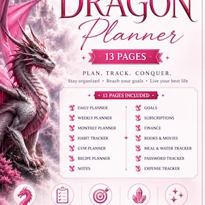 May include: A pink-themed digital planner titled Ultimate Dragon Planner featuring a large dragon illustration, a list of 13 included pages such as daily, weekly, and monthly planners, habit and expense trackers, and A4 size specifications.