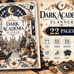 以下が含まれることがあります： 22ページのDark Academiaプランナー。ゴシック様式の建物、天体のモチーフ、天球儀が描かれた表紙。テキストにはDark Academia Planner, 22 Pages, Daily, Weekly, Monthly, Trackers, Goals, Finance, Tarot, Self Careと記載されています。