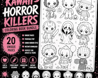 Kawaii Horror Killers Kleurboek Bundel | 20 Printbare Kleurplaten | Leuke Griezelige Horrorfiguren | Cadeau voor Horrorfans | Direct Downloaden
