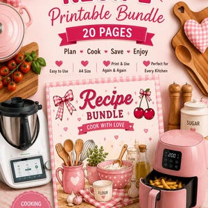Op de afbeelding: Een printbare receptenbundel van 20 pagina's met roze en wit ruitpatroon. De tekst luidt Recipe Printable Bundle, 20 Pages, Plan, Cook, Save, Enjoy, Easy to Use, A4 Size, Print & Use Again & Again, Perfect for Every Kitchen.