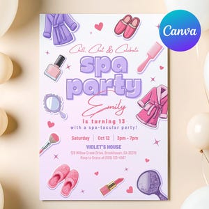 Convite para festa de aniversário em spa, convite para festa de 13º aniversário de menina, convite para aniversário em spa glamouroso para adolescentes, modelo para download instantâneo no Canva