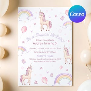 Einhorn-Geburtstags-Einladungsvorlage Bearbeitbares magisches Regenbogen-Einhorn-Party laden ein, digital druckbare Mädchen-Geburtstags-Einladungsvorlage