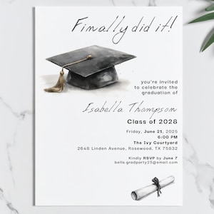 Faire-part de remise des diplômes modifiable, modèle d'invitation pour l'obtention du diplôme universitaire, invitation à une fête des diplômés du secondaire, deuxième cycle du secondaire