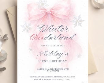 Invitación de invierno para niña, invitación de primer cumpleaños con lazo rosa, plantilla editable de Canva.