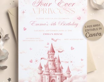 Four Ever Princess Birthday Invitation, Girl 4th Birthday Party Invitation, Princess Castle Invite, Editable Canva