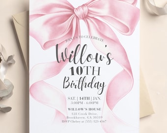 Pink Bow Birthday Invitation, Editable Coquette Birthday Party Invite, Elegant Canva Template, Girl’s Birthday Evite, Cana Digital