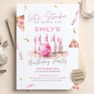 Editable Bowling Birthday Invitation, Let’s Strike Up Some Fun Girls Party Invite, Printable Pink Bowling Invite, Canva Template