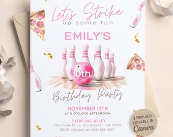 Editable Bowling Birthday Invitation, Let’s Strike Up Some Fun Girls Party Invite, Printable Pink Bowling Invite, Canva Template