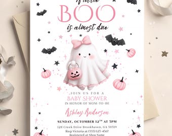 Bewerkbare Little Boo babyshower uitnodigingsset Halloween thema spook babyshower uitnodiging sjabloon Canva griezelige schattige babymeisje uitnodiging