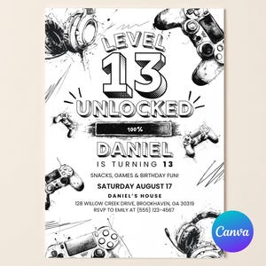 Level 13 Unlocked Gamer Birthday Invitation: Video Game Party (Canva Template Digital Download)