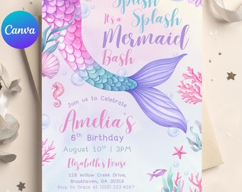 Mermaid Birthday Invitation: Under the Sea Party, Editable Canva Template (Digital Download)