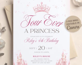 Princess 4th Birthday Invitation, Four Ever a Princess Pink Castle Crown Invite, Editable Canva