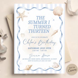 The Summer I Turned Thirteen Birthday Invitation, Coastal Beach Birthday, Editable Canva Digital
