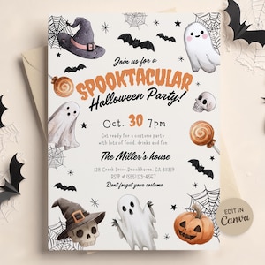 Może przedstawiać: Zaproszenie na imprezę Halloween z akwarelowymi ilustracjami duchów, czaszki, dyni, nietoperzy i pajęczyn. Tekst głosi: Join us for a SPOOKTACULAR Halloween Party! Oct. 30 7pm, The Miller's house, 128 Creek Drive, Brookhaven, GA 30319.