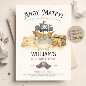 Invitación de cumpleaños pirata, Invitación de cumpleaños "¡Ahoy, compañero!", Invitación editable para fiesta pirata en Canva, Invitación de cumpleaños con temática de búsqueda del tesoro.