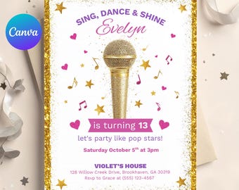 Editable 13th Birthday Invitation Girl, Gold Glitter Karaoke Party Canva Template, Teen Pop Star Theme Invite Printable Digital Download