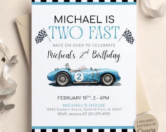 Two Fast Birthday Invitation, Vintage Blue Race Car Birthday Invite, 2nd Birthday Party, Editable Canva