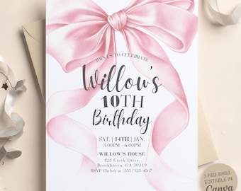 Pink Bow Birthday Invitation, Editable Coquette Birthday Party Invite, Elegant Canva Template, Girl’s Birthday Evite, Cana Digital