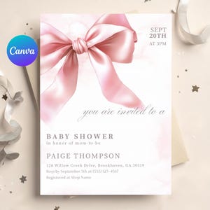 Blush Pink Bow Baby Shower Invitation Set Editable Elegant Coquette Bow Invitation Pink Girl Baby Shower Invite Pink Ribbon Canva Template