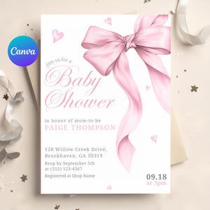 Pink Bow Baby Shower Invitation Set, Editable Blush Pink Ribbon Girl Coquette Bow Baby Shower Invite Canva Template Digital Download