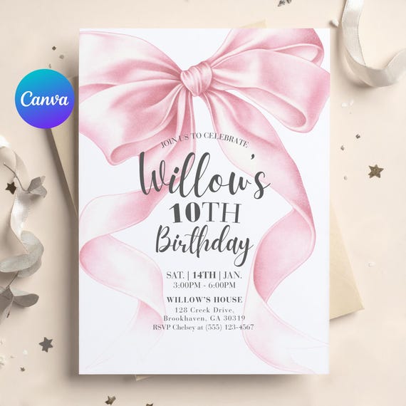 Pink Bow Birthday Invitation, Editable Coquette Birthday Party Invite, Elegant Canva Template, Girl’s Birthday Evite, Cana Digital