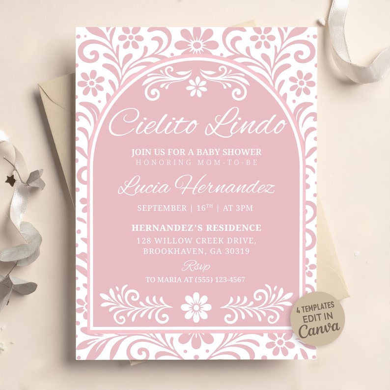 Pink Cielito Lindo Baby Shower Invitation Template for Girl, Editable Mexican Theme Baby Shower Invite, Papel Picado Invitation Canva image 1