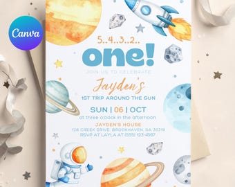First Trip Around the Sun  Birthday Invitation, Space Birthday Invite, Rocket Astronaut Invitation, Canva Template