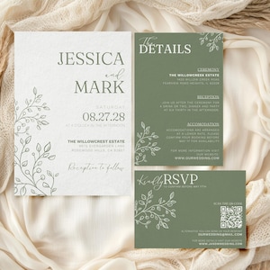 Salie groene bruiloft uitnodigingsset, minimalistische bruiloft uitnodigingsbundel met RSVP, afdrukbare bewerkbare botanische bruiloft bundel, canvas sjabloon