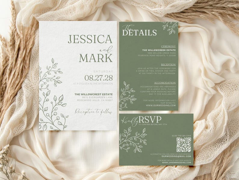 Sage green wedding invitation template suite with elegant floral design, printable modern minimalist wedding invite set, eucalyptus greenery RSVP and details card, DIY editable Canva wedding stationery for spring or summer weddings