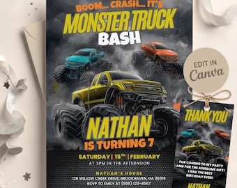 Monster Truck Birthday Invitation, Monster Jam Birthday Invite, Truck Invite, Editable Canva, Digital Download,