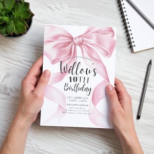 Editable pink bow birthday invitation template for girls. Coquette aesthetic Canva design with large ribbon and elegant script. Perfect for 10th birthday, teen party, or girly celebration. Printable and digital evite option included.