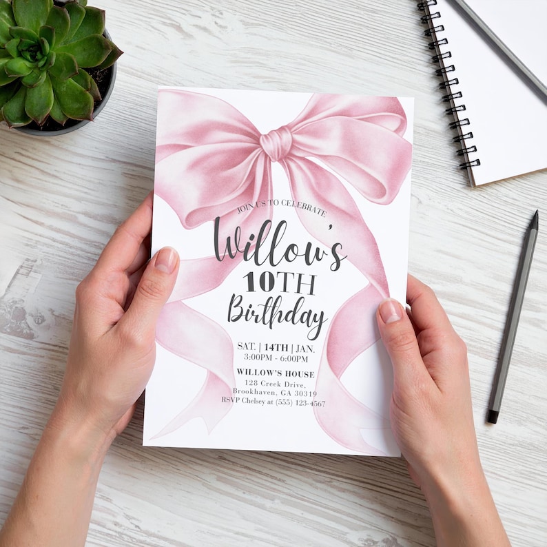 Editable pink bow birthday invitation template for girls. Coquette aesthetic Canva design with large ribbon and elegant script. Perfect for 10th birthday, teen party, or girly celebration. Printable and digital evite option included.